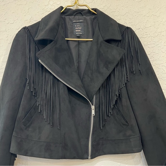 Zara Black Fringe Faux Suede Moto Jacket Cropped Western - Picture 2 of 8